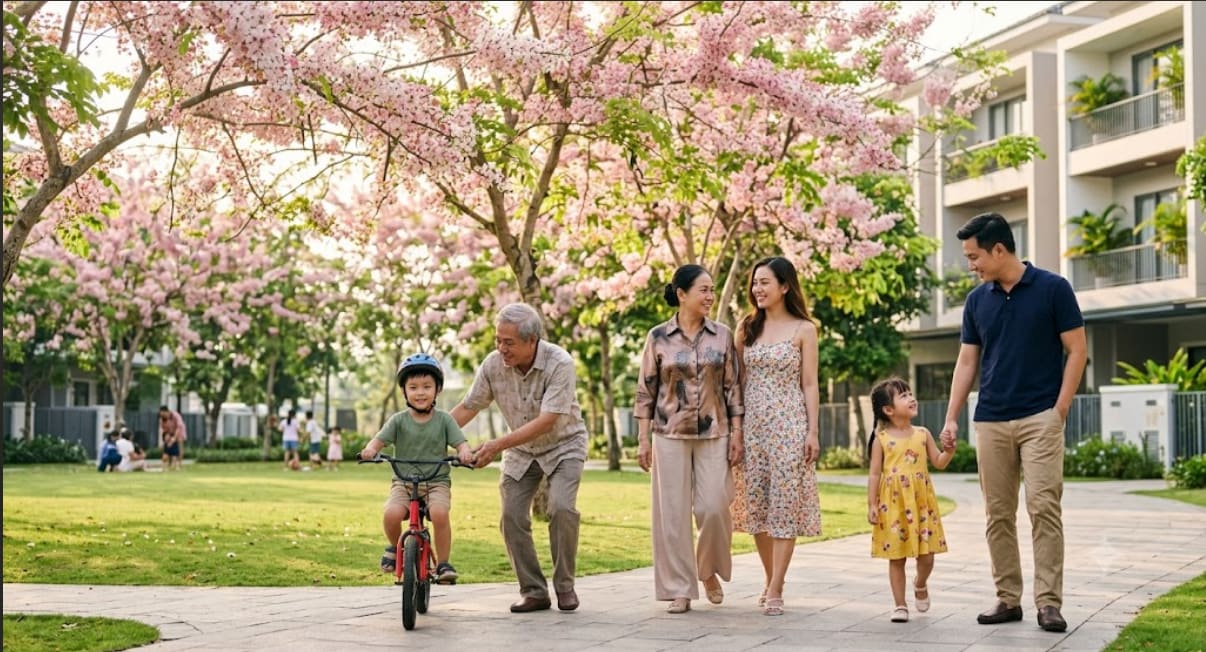 Gia đình ba thế hệ tản bộ hạnh phúc trong công viên rợp bóng cây xanh The Link City Dầu Giây