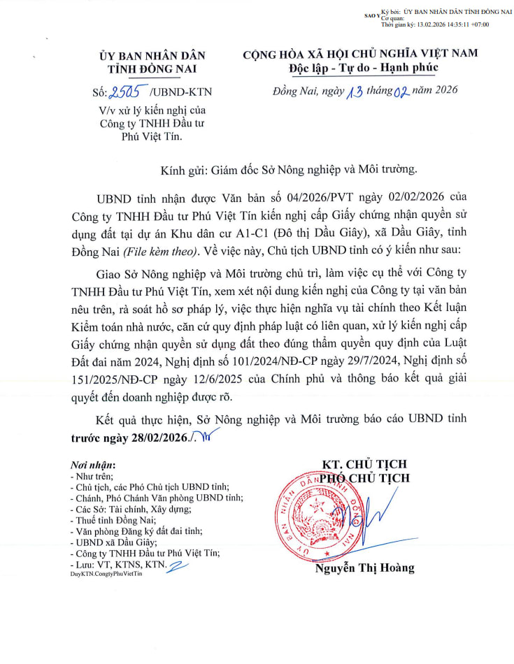 Văn bản pháp lý Công văn 2505 quyết định giao đất The Link City Dầu Giây