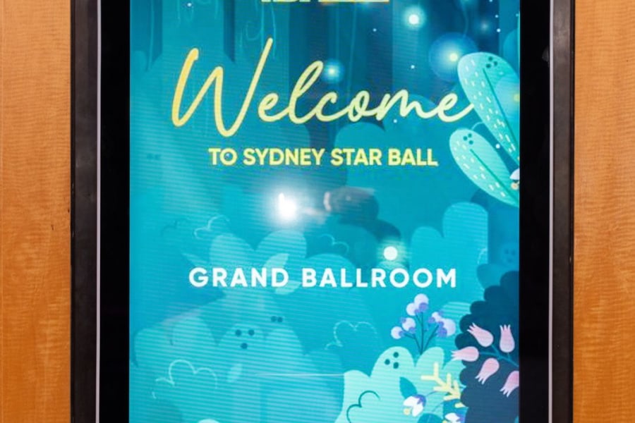 Welcome to Sydney Star Ball digital sign at the Shangri-La Sydney grand ballroom entrance