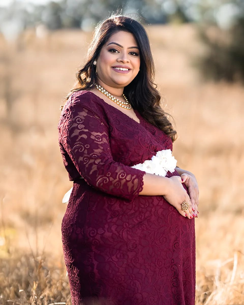 Maternity solo burgundy lace dress golden field portrait Rouse Hill — Shekhar Jay Photography