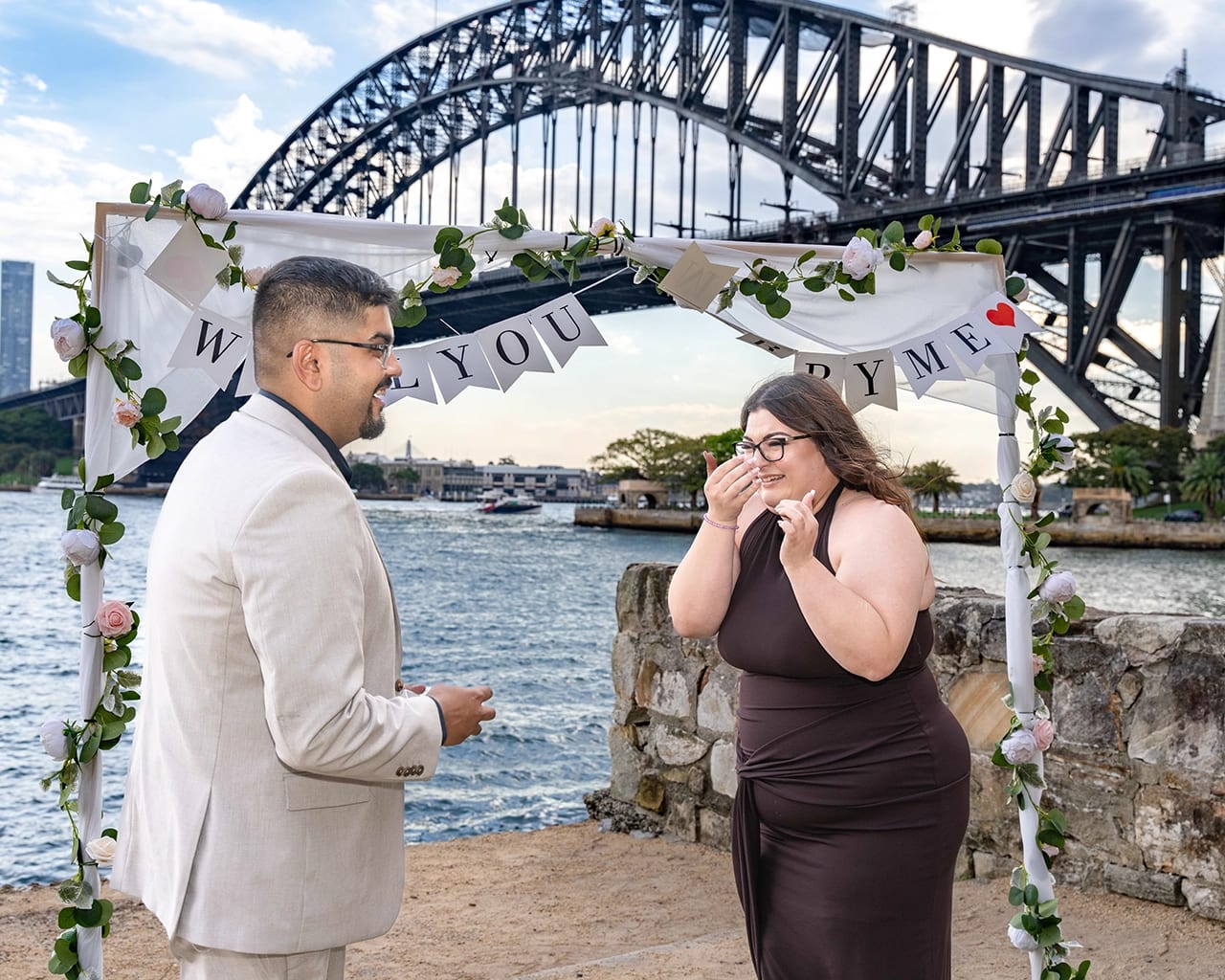 Sydney proposal photographer — Harbour Bridge will you marry me reaction