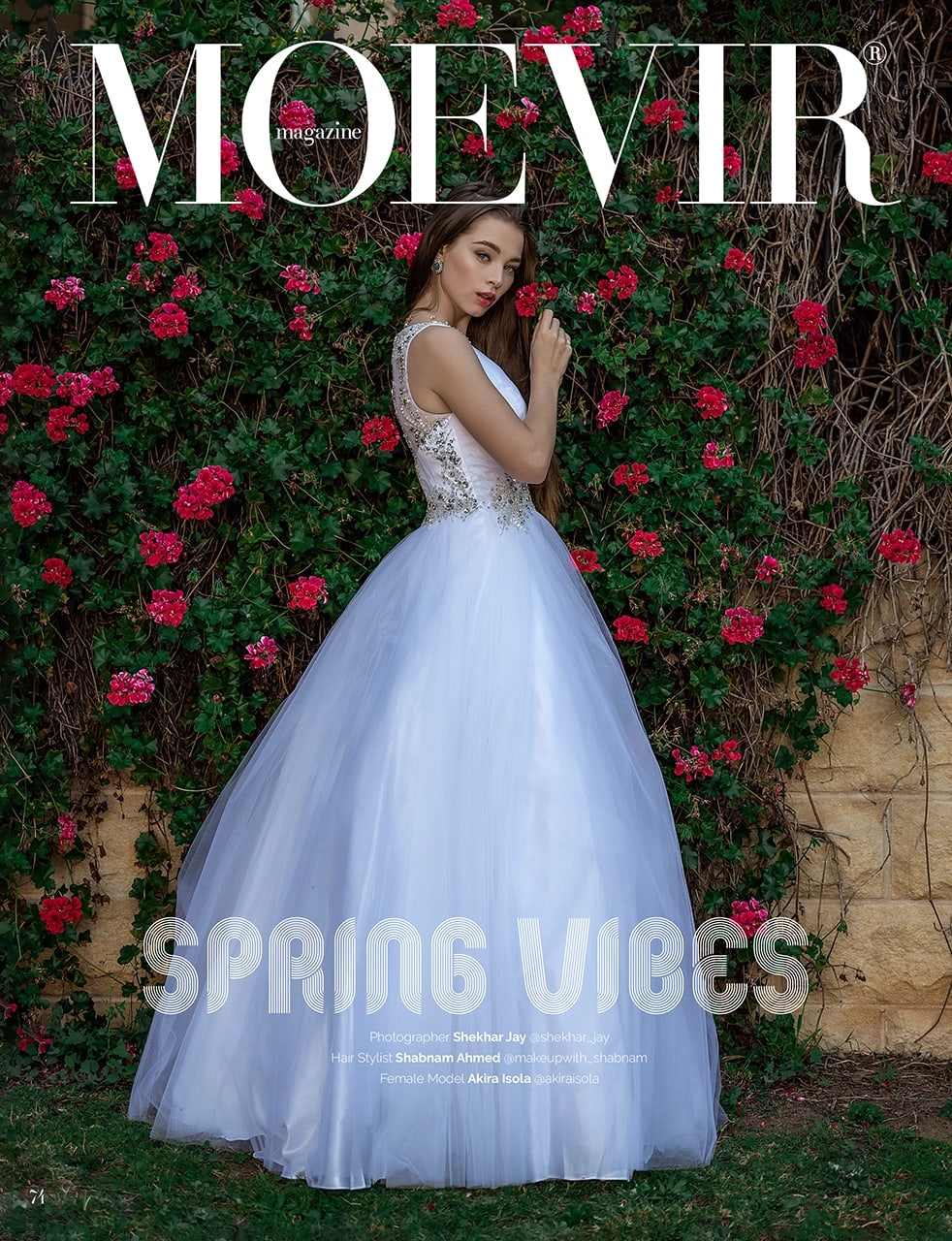 Moevir magazine cover — white ball gown floral wall editorial portrait by Shekhar Jay Photography
