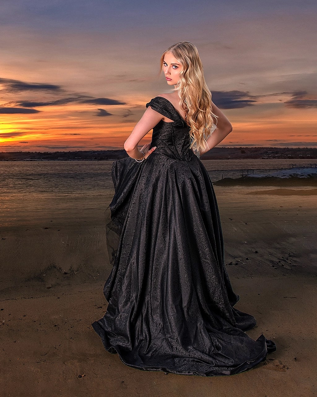 Fashion editorial — black ball gown ocean sunset beach by Shekhar Jay Photography