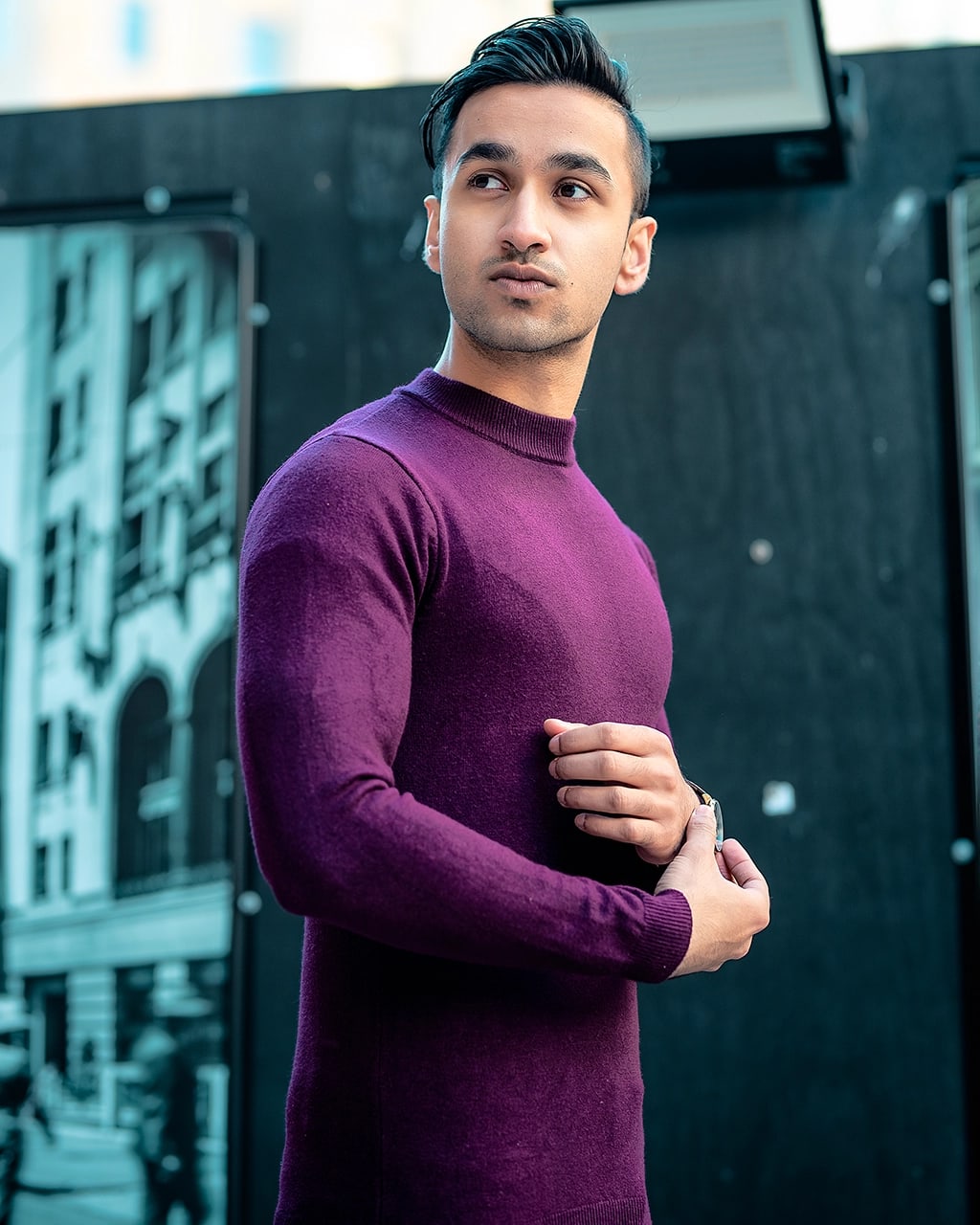 Sydney male portrait photographer — urban purple sweater city by Shekhar Jay Photography