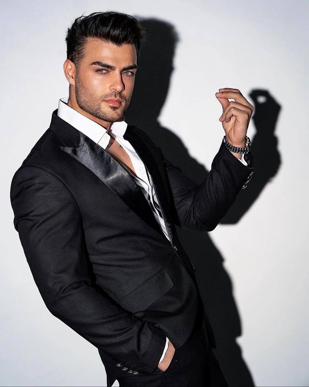 Sydney headshot photographer — male black tuxedo dramatic shadow by Shekhar Jay Photography