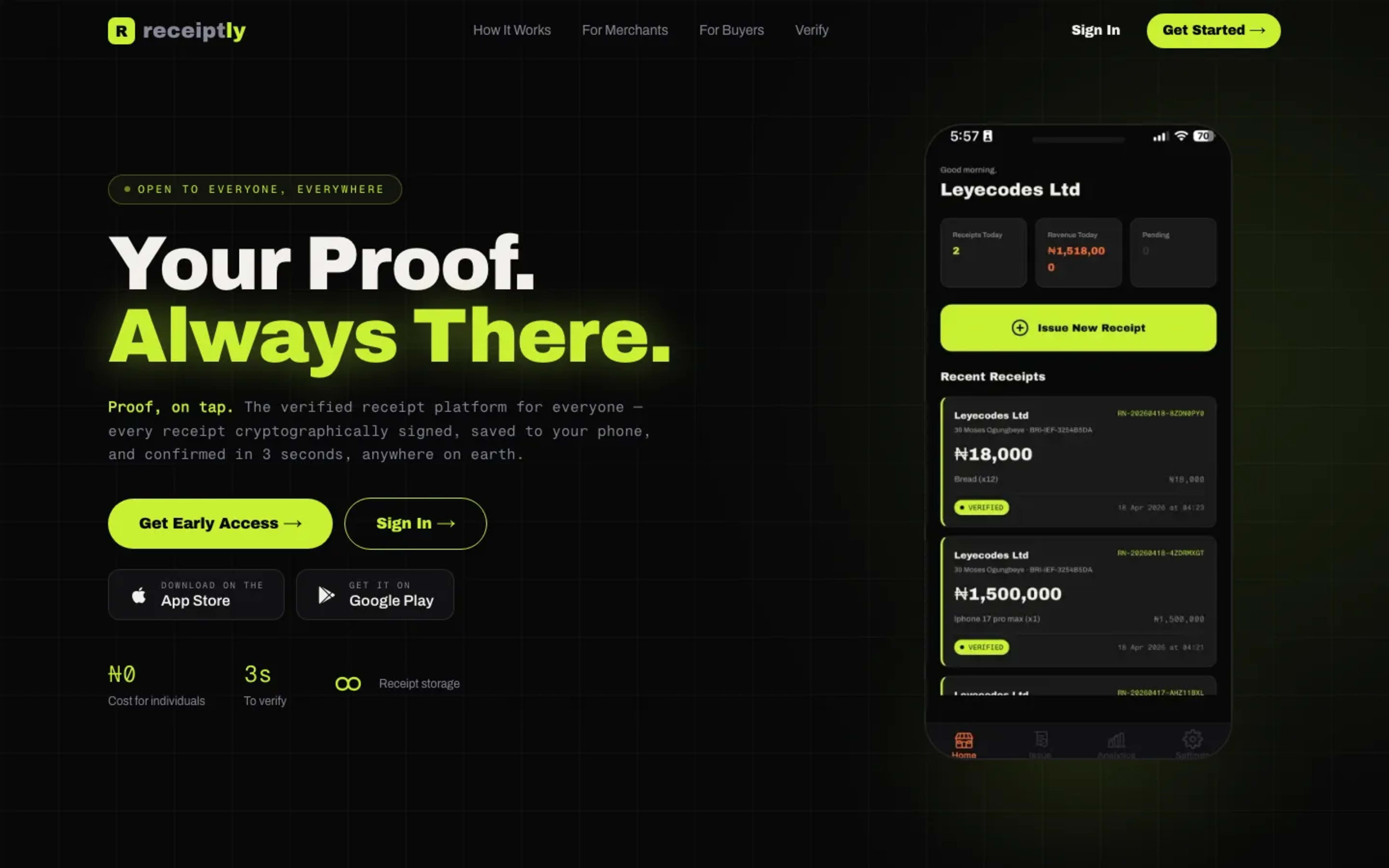 Receiptly NG — homepage at desktop