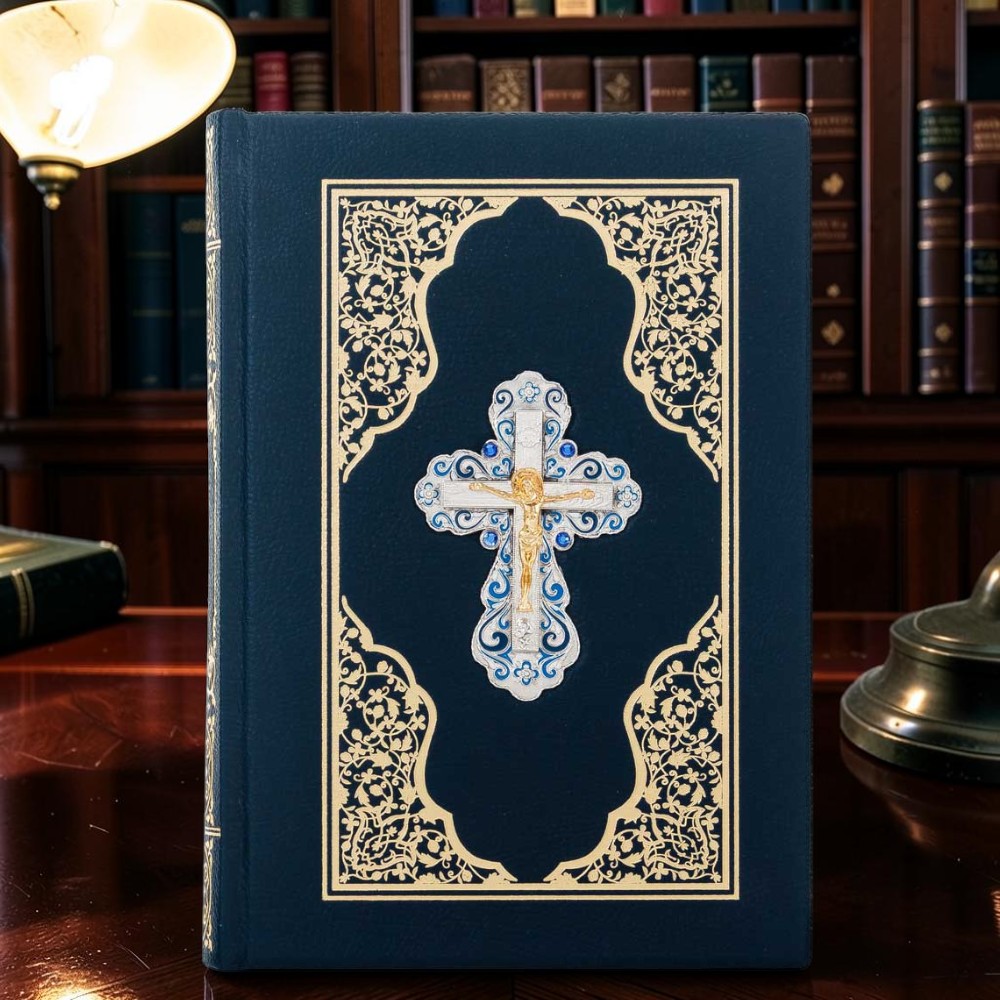 Подарункова книга Біблія з посрібленим Розп'яттям з художнім розписом металом та емалями