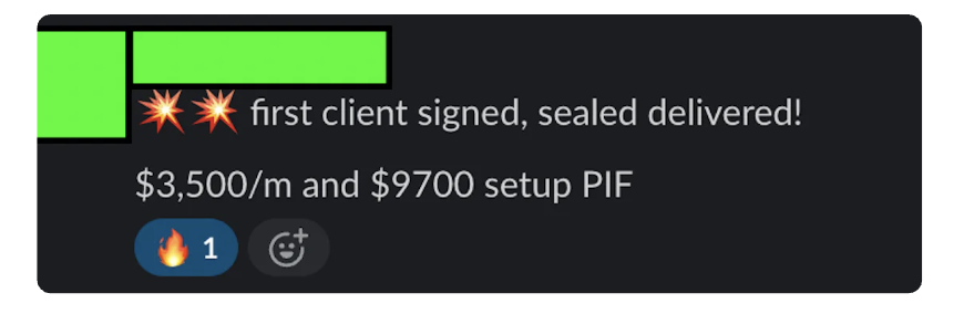 Slack screenshot — first client signed, $3,500/m and $9,700 setup PIF