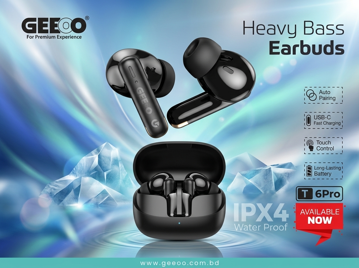 GEEOO T6 Pro TWS Wireless Earbuds – Heavy Bass Bluetooth Headphones with IPX4 Waterproof & Fast Charging 2