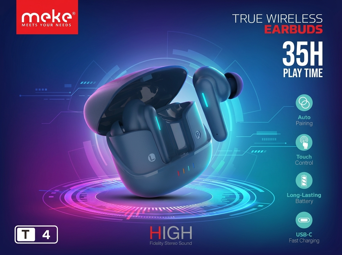 Meke T4 True Wireless Earbuds – Bluetooth TWS Headphones with 35H Playtime & Fast Charging