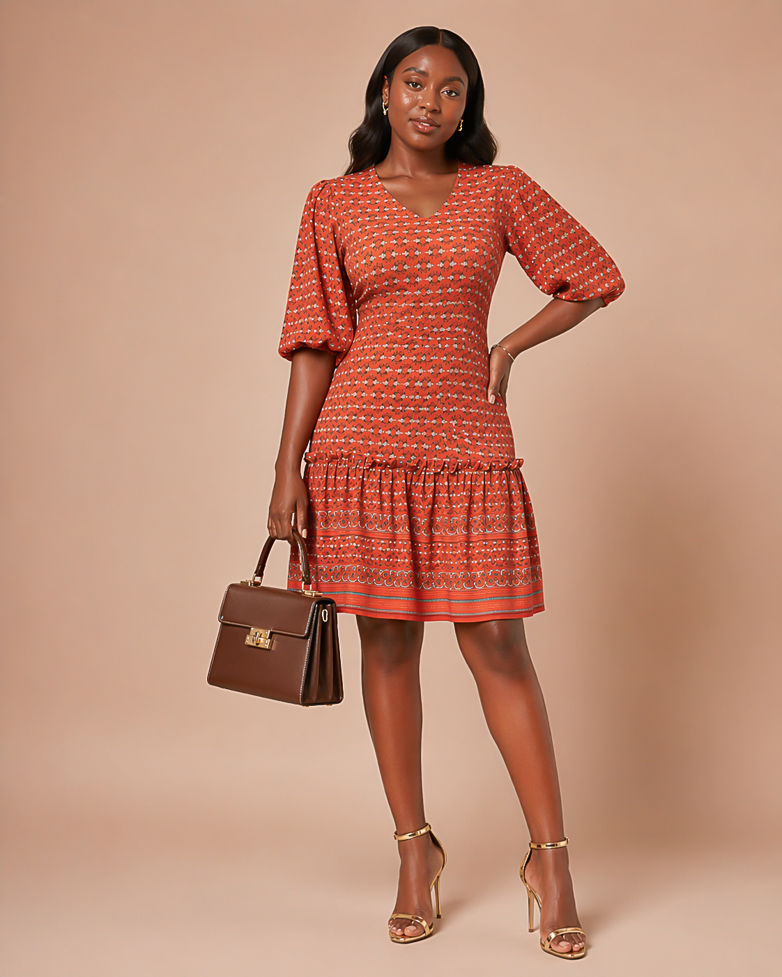model in straight floral dress