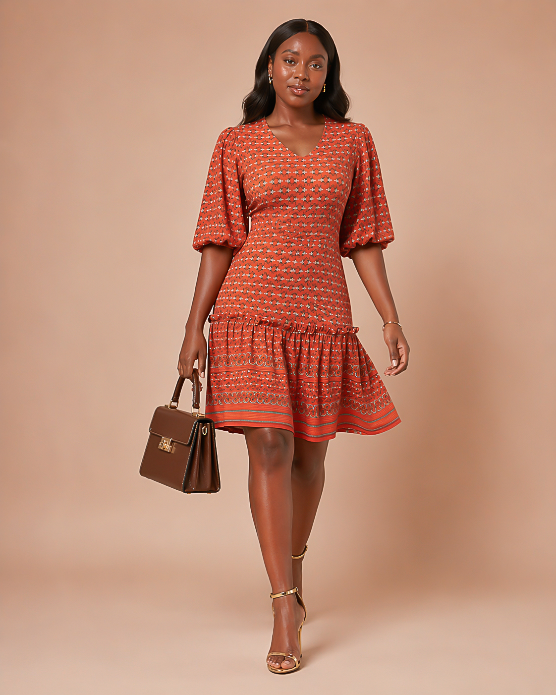 model in straight floral dress