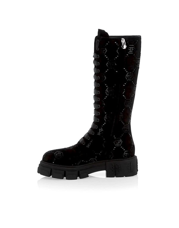 Suede Boots Flat High Strass Monogram Philipp Plein