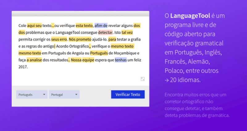 Tela de exemplo em como funciona a extensão do LanguageTool