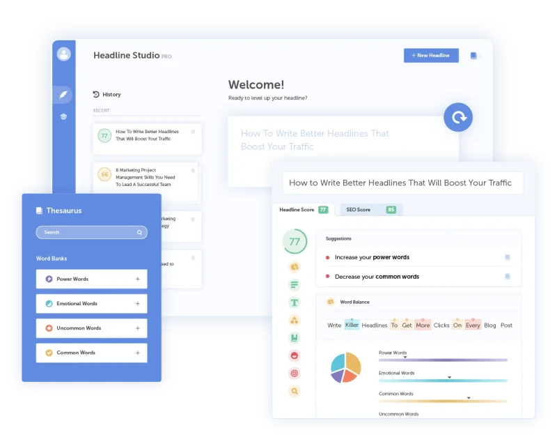 Páginas do site do Headline Studio com exemplos de como a extensão funciona