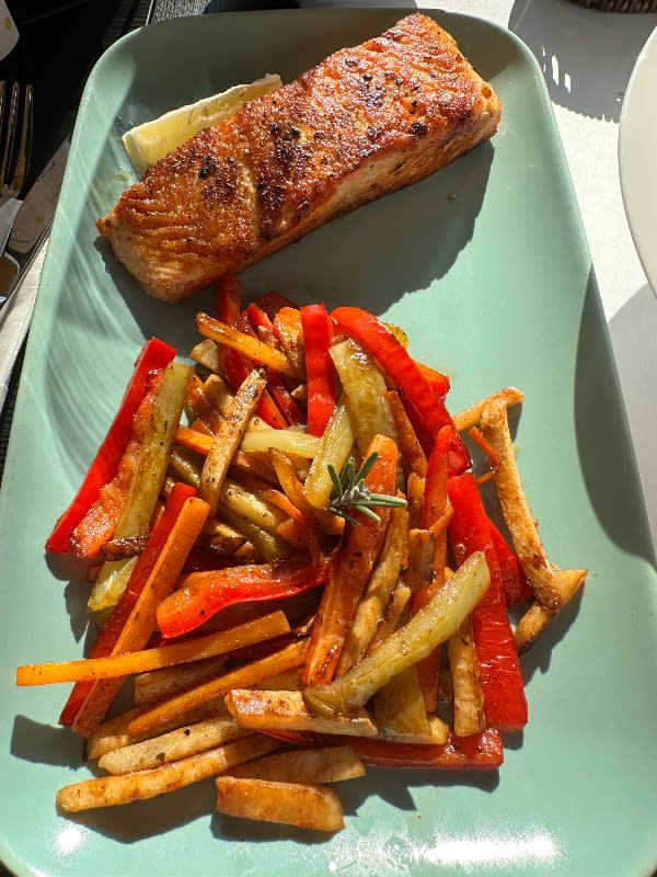 Pan-Seared Salmon with Roasted Root Vegetables and Peppers