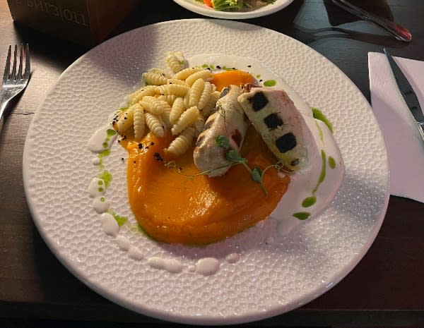 Gnocchetti Sardi with Roasted Carrot Purée and Grilled Stuffed Poultry