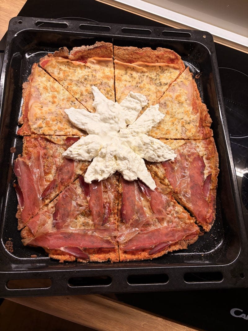 High-protein prosciutto and burrata sheet pan pizza