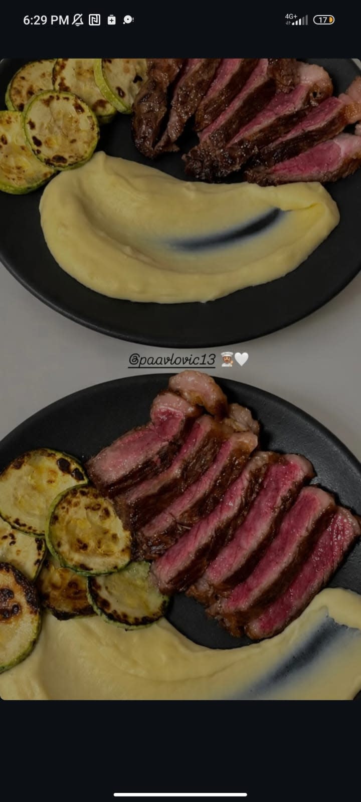 Seared steak with silky potato purée and grilled zucchini