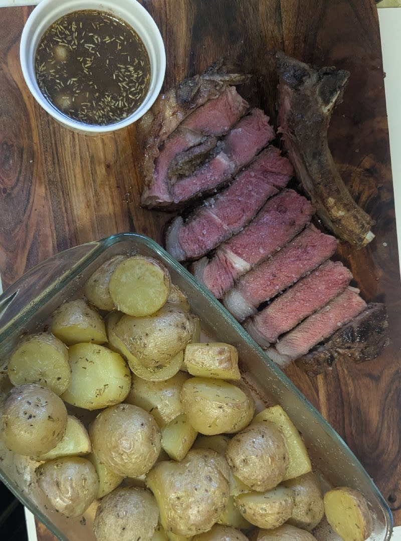 Reverse-Seared Bone-In Ribeye with Rosemary Roasted Potatoes