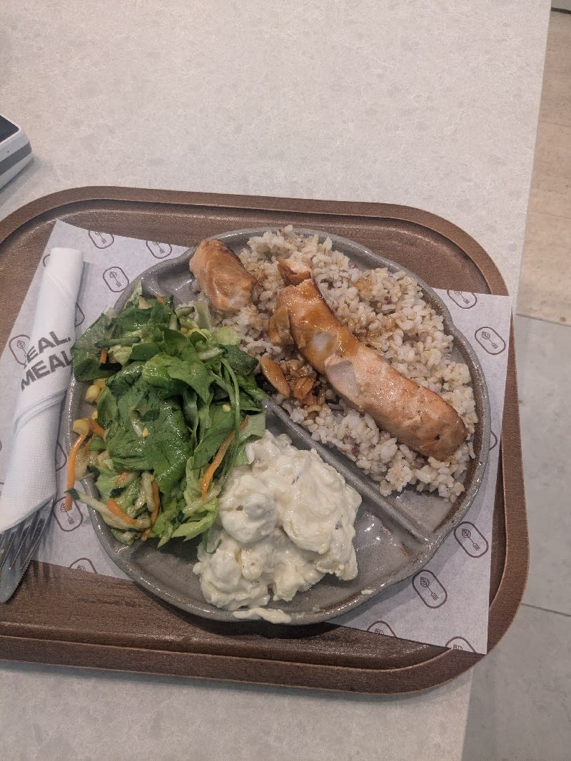Glazed Salmon Plate with Brown Rice and Potato Salad
