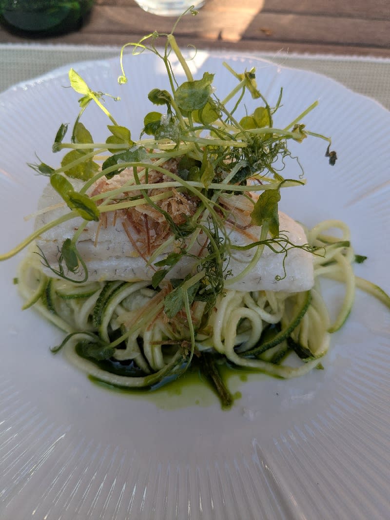 Poached Cod over Zucchini Noodles with Pea Shoots