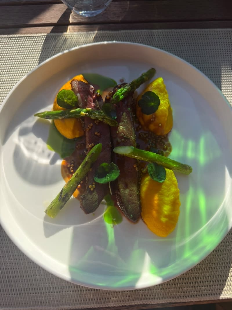 Pan-Seared Duck Breast with Carrot-Ginger Puree and Charred Asparagus