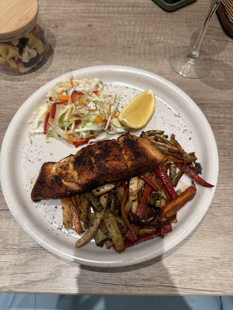 Blackened salmon with roasted root vegetables and slaw