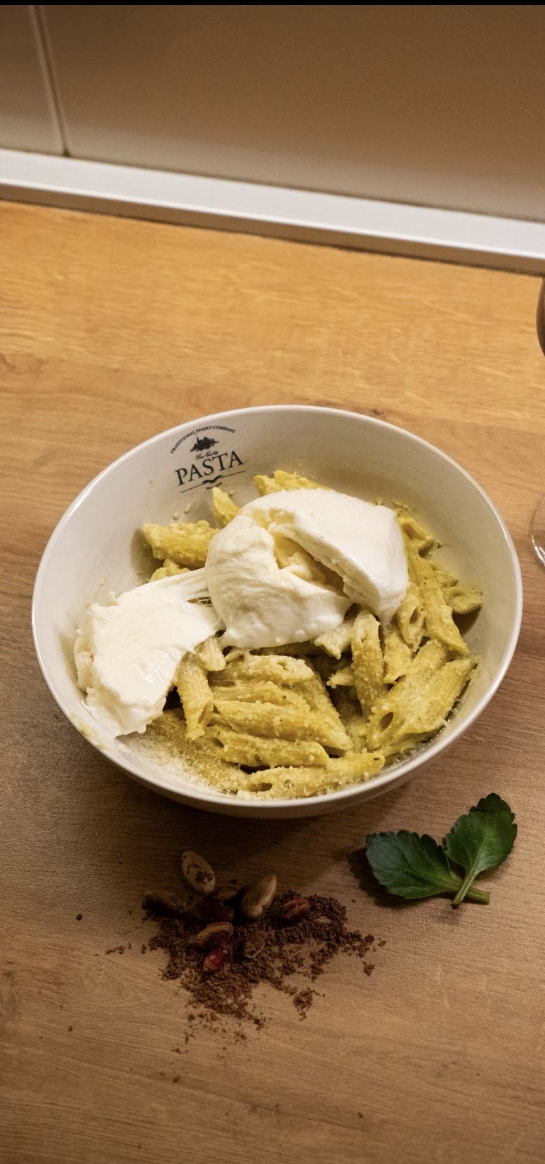 Penne with pistachio pesto and burrata