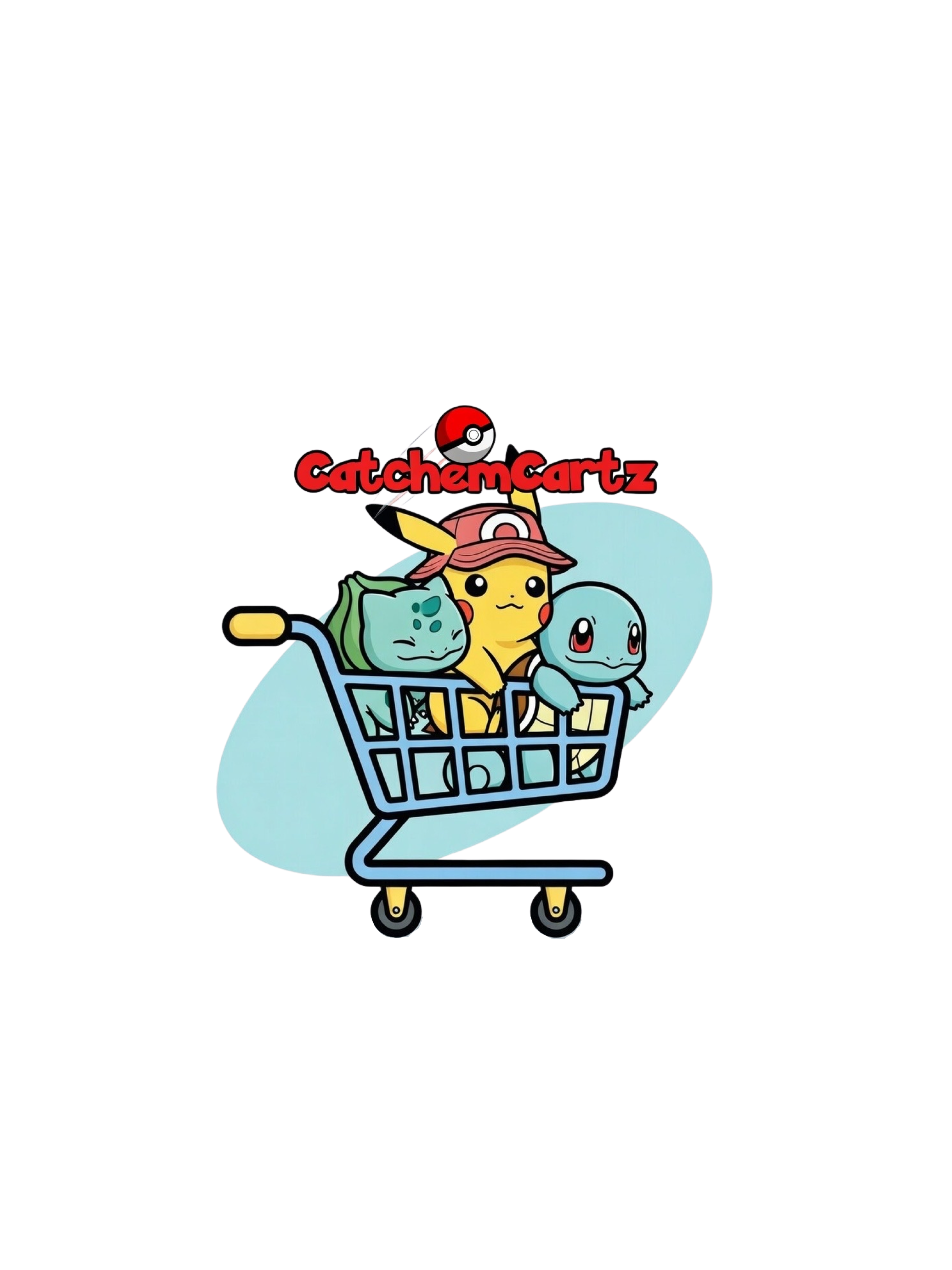 CatchemCartz logo — Pikachu, Bulbasaur, and Squirtle in a shopping cart