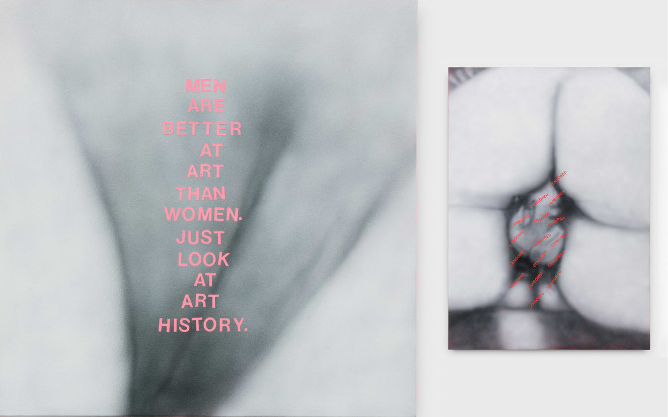Left: Betty Tompkins, Men are..., 2019. Right: Betty Tompkins, Censored Painting #2 (Paris 1973 - Instagram 2019), 2019. Both images courtesy of the artist; P.P.O.W, New York City; and rodolphe janssen, Brussels.