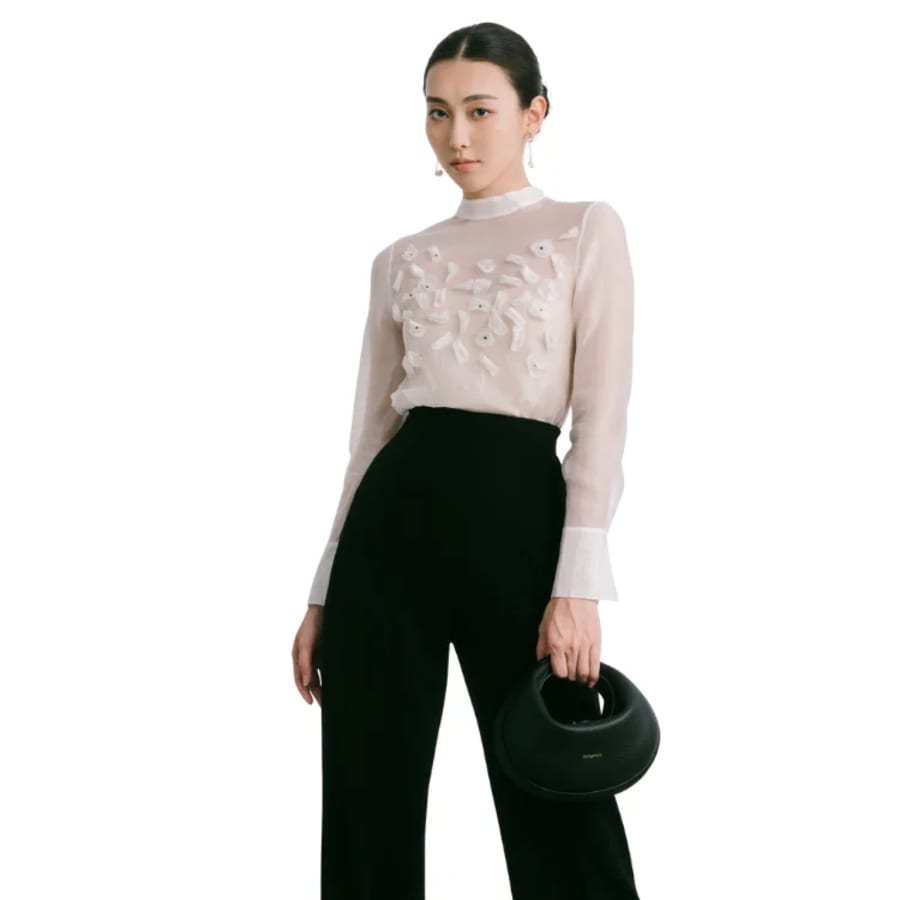 New collection mesh puff sleeve blouse cupro polyester good price women's blouses & shirts with long skirt manufacturing company