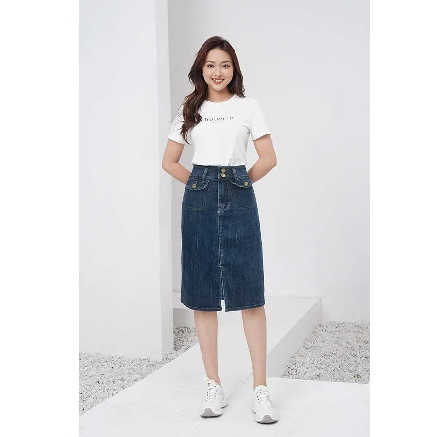 New fashion breathable women's denim skirt high waist with pocket design half sleeve length from vietnam