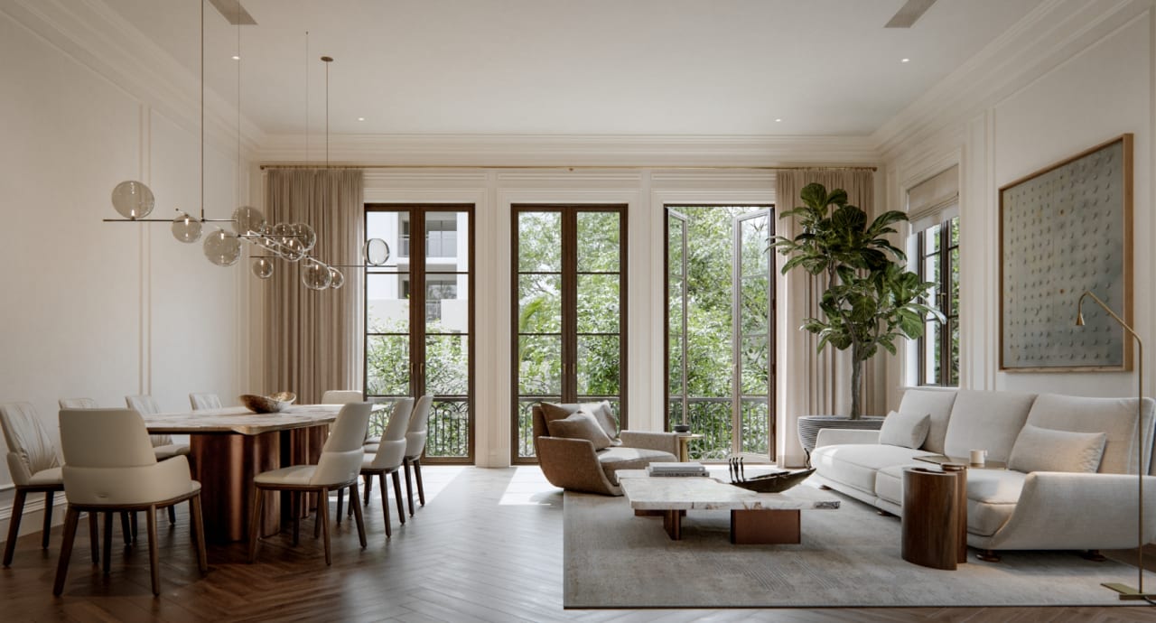 Formal dining room at The George with a sculptural chandelier, upholstered dining chairs, and warm oak paneling filling the room with refined character