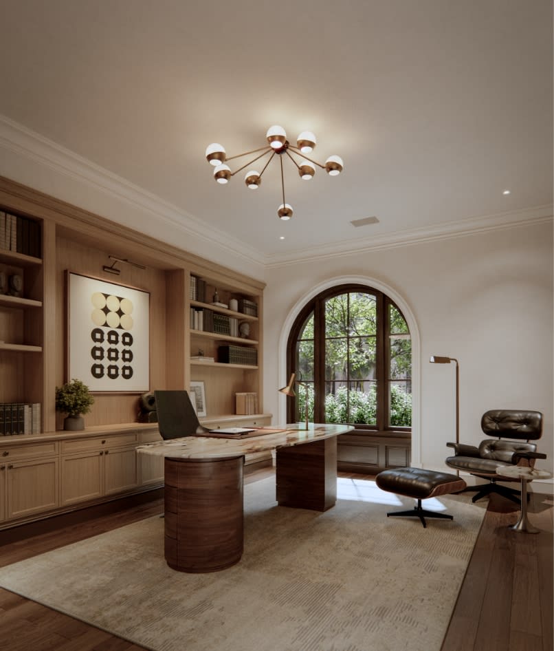 Private library and study at The George with floor-to-ceiling built-in shelving in warm wood, a reading nook, and soft ambient lighting