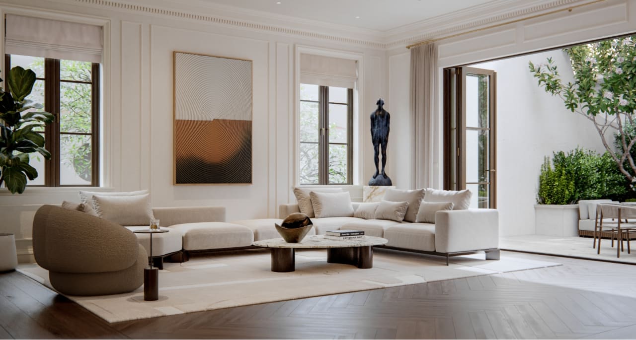 Spacious living room at The George with floor-to-ceiling windows, warm neutral tones, and curated contemporary furnishings