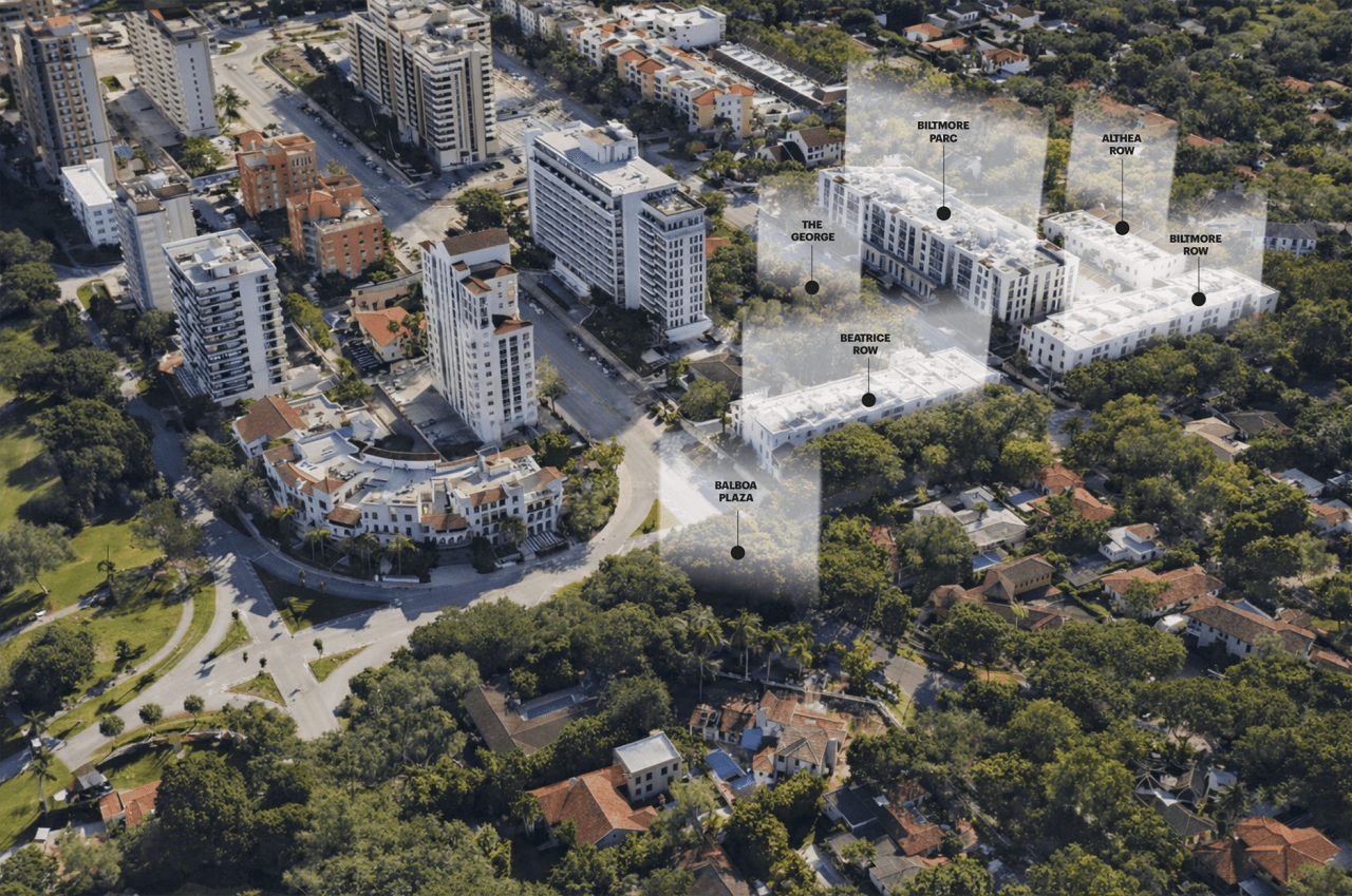 Aerial view of The George and the surrounding Biltmore Square master plan development in Coral Gables, showing the scale and context of the project within the neighborhood