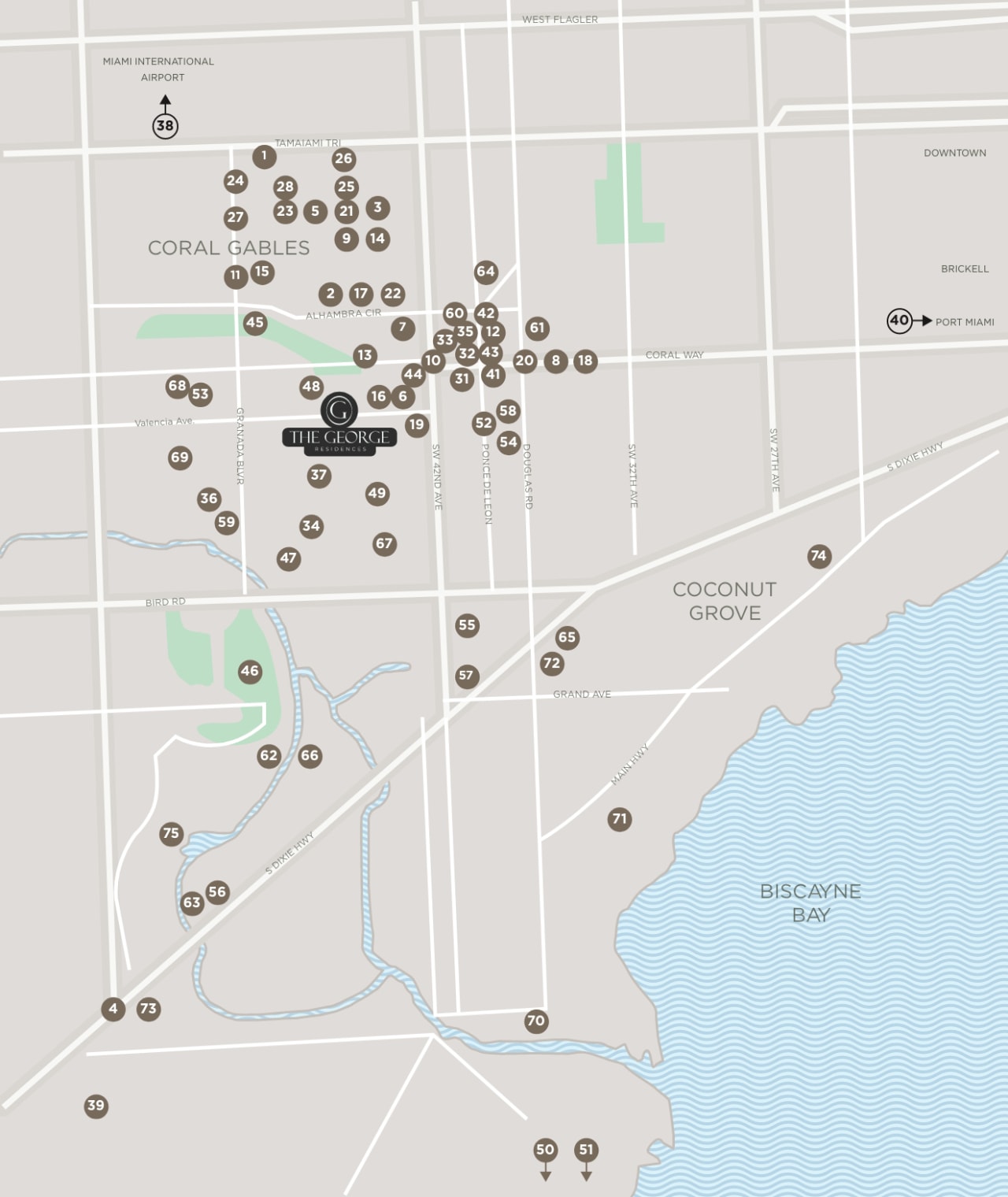 Illustrated map of the Coral Gables neighborhood surrounding The George, showing nearby landmarks, restaurants, parks, and points of interest