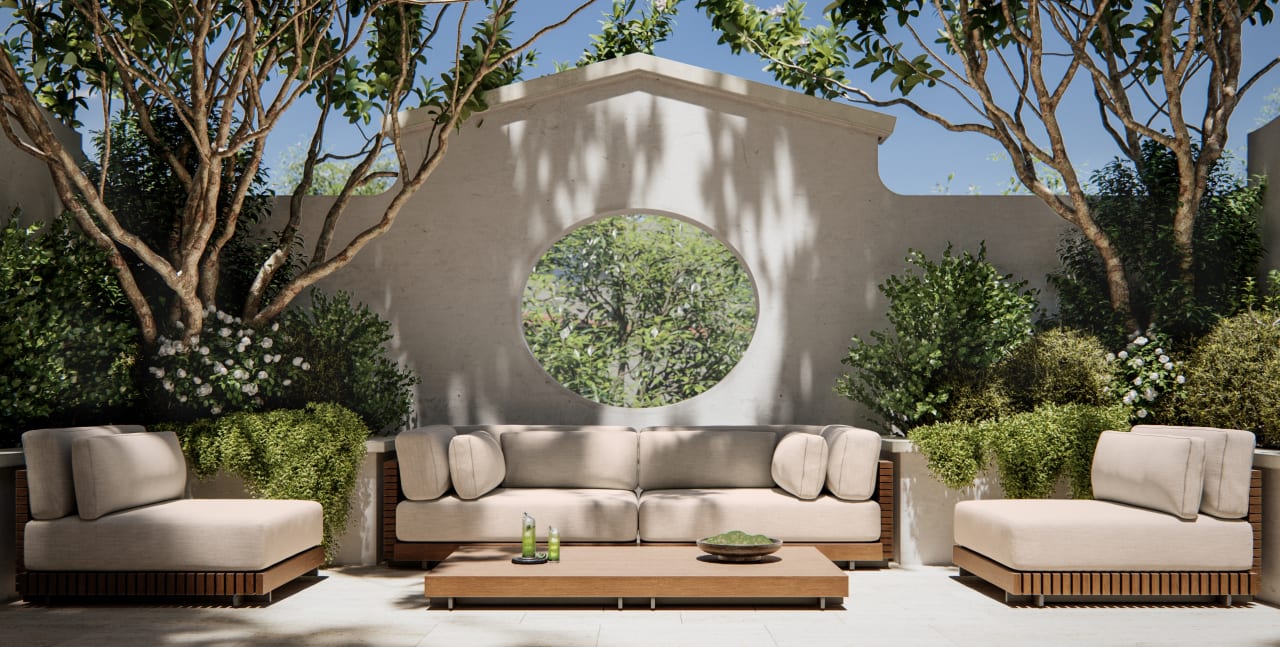 The George outdoor courtyard with seating and lush garden