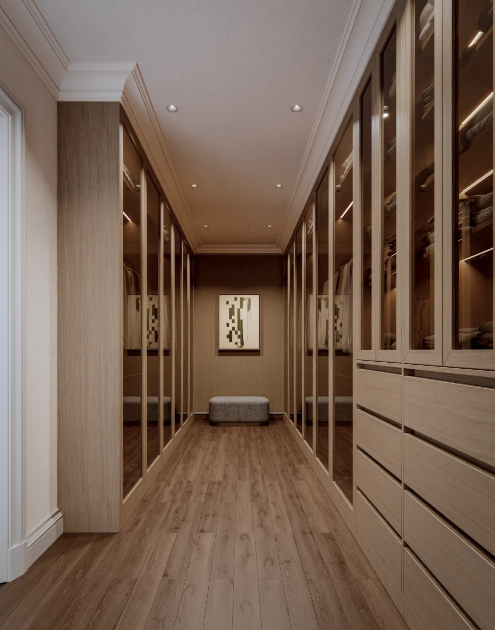Walk-in closet hallway with warm lighting and custom millwork