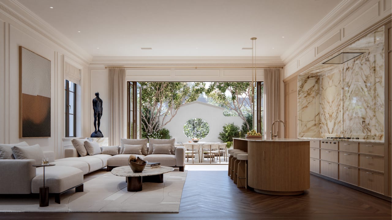 Sunlit living room interior at The George with open-plan layout and floor-to-ceiling windows