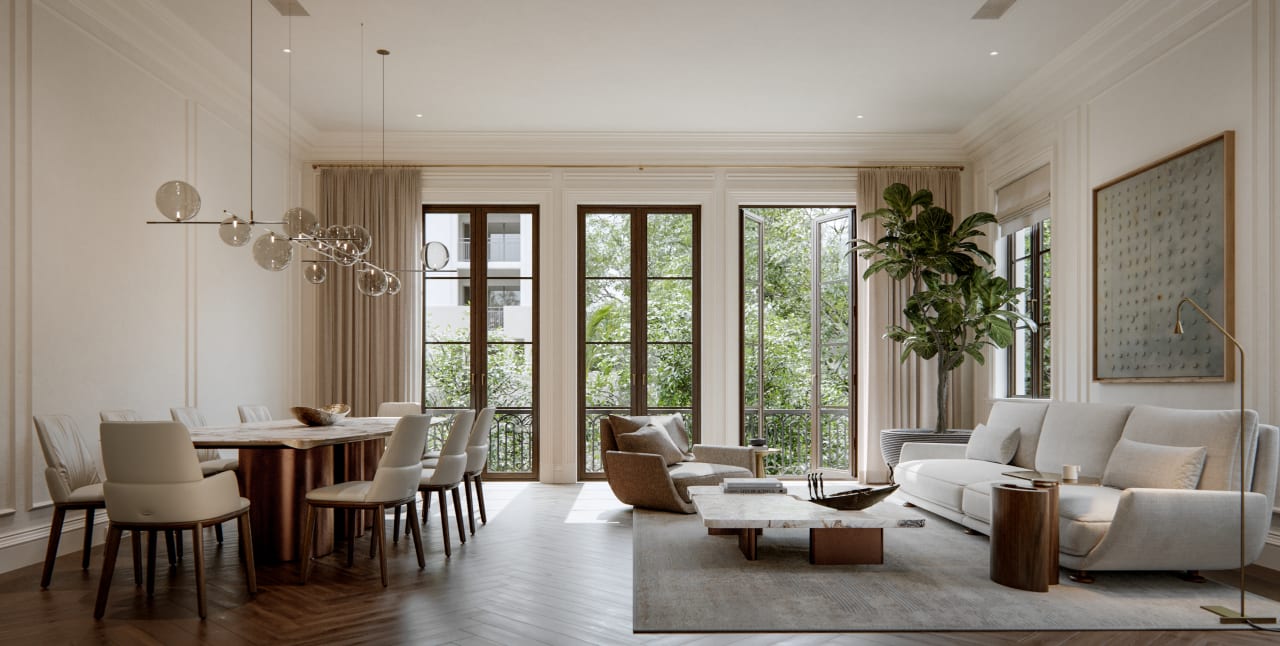 Open living and dining area with warm tones and refined furnishings