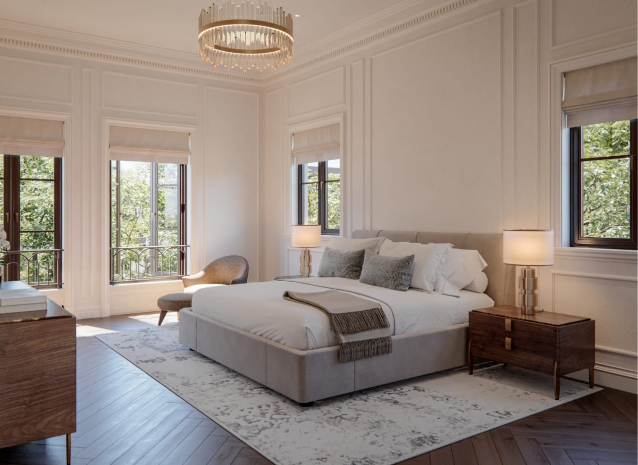 Primary bedroom with soft neutral tones and bespoke furnishings