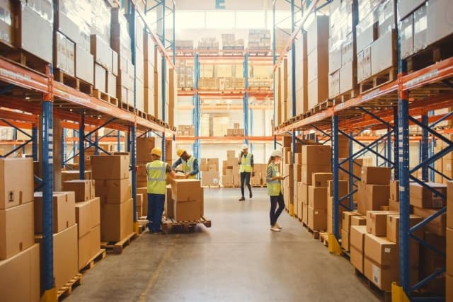 Warehouse team moving cargo for Crane WMS operations