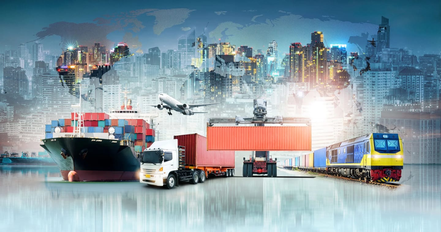 Global transportation network connecting ocean, air, road, and rail freight