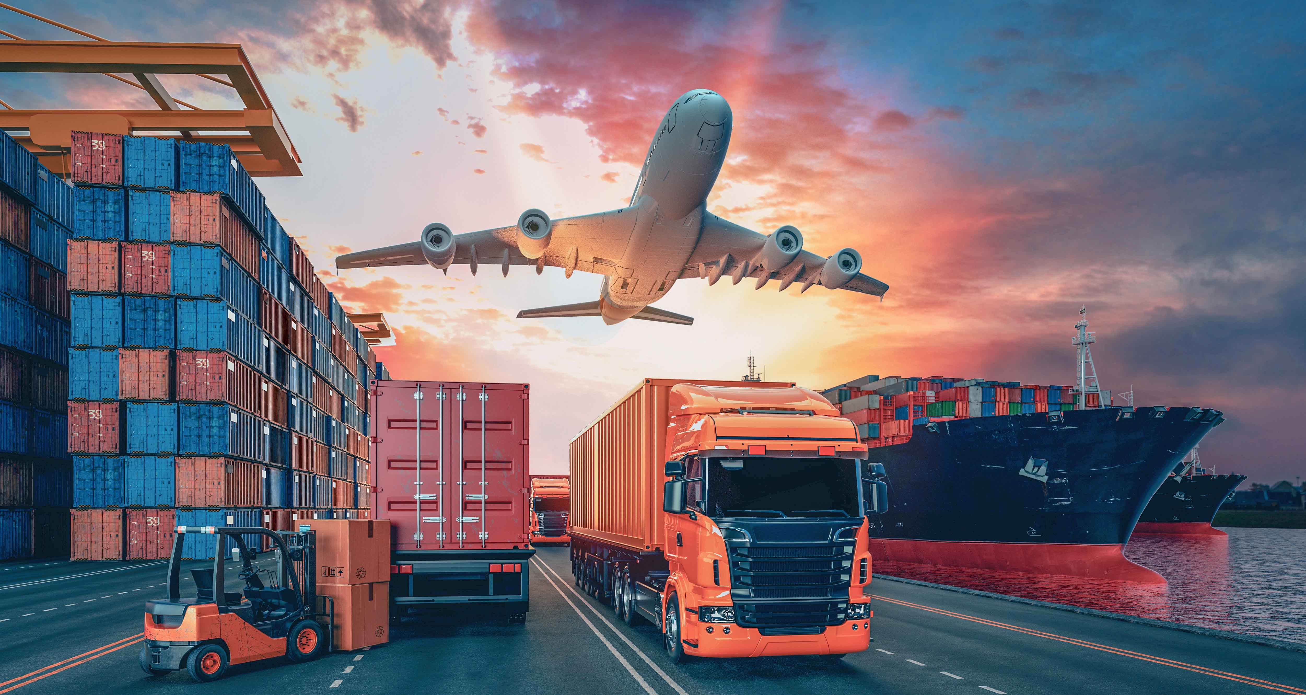 Verkehrsflugzeuge auf dem Rollfeld eines Flughafens, die das Luft- und Raumfahrtlogistikunternehmen Crane Worldwide repräsentieren.