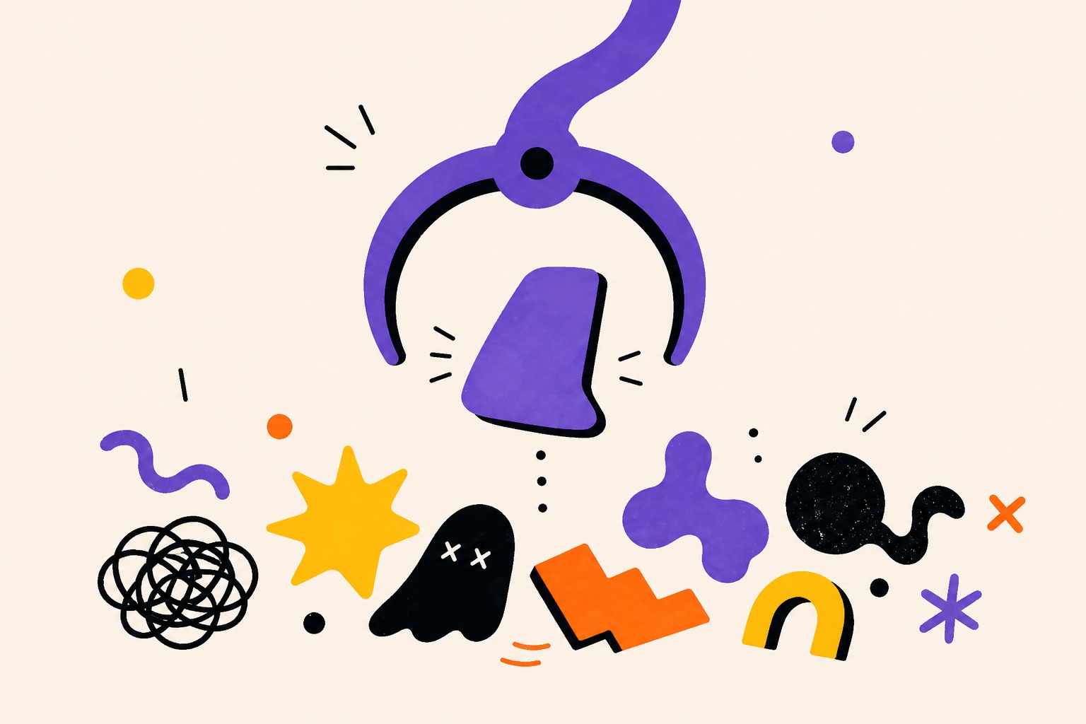 An abstract claw is attempting to pick up blocks. Watch out for the ghosts and scribbled lines