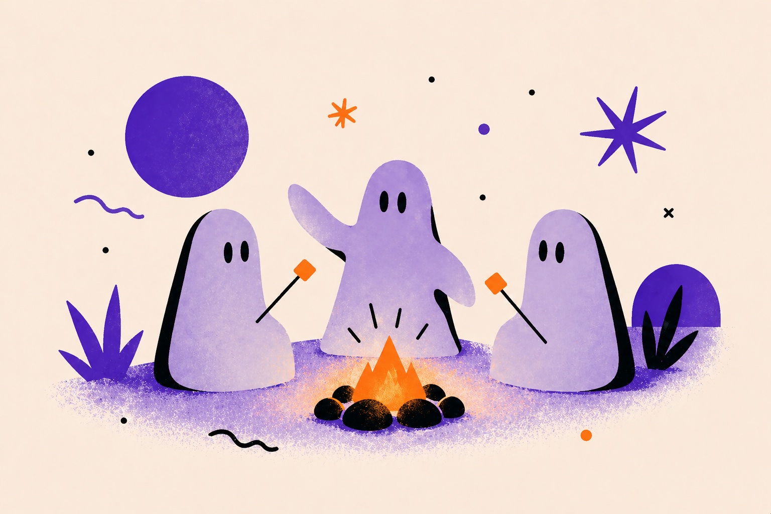 A group of ghosts telling job search stories around a camp fire