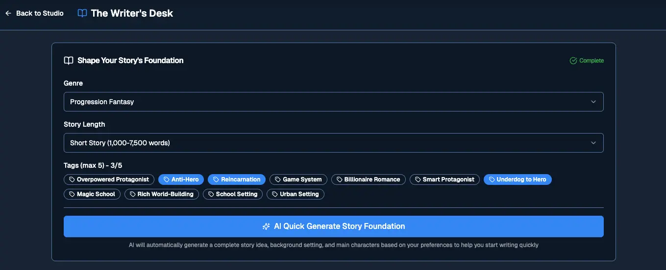 Writer Desk - Step 1 interface showing story foundation settings, including Genre selection, Story Length options, and Tags input fields