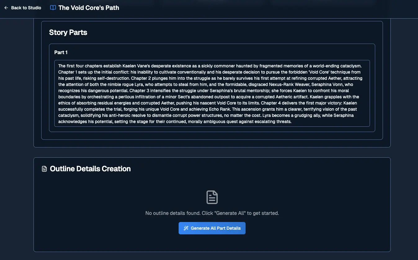 Step 4 outline details editing interface, showing batch generate buttons and individual section edit boxes